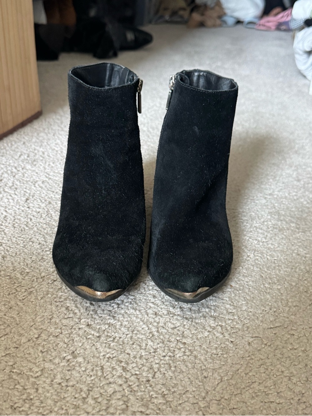 Kenneth Cole Black Suede Ankle Booties with Metallic Toe